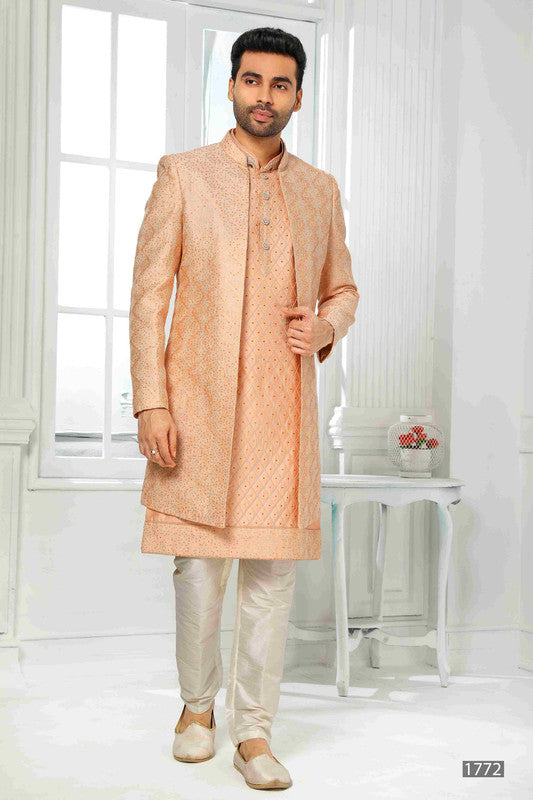 Men's Art Silk Embroidery Work 3 Pcs Indo Jacket Set In Peach Colour