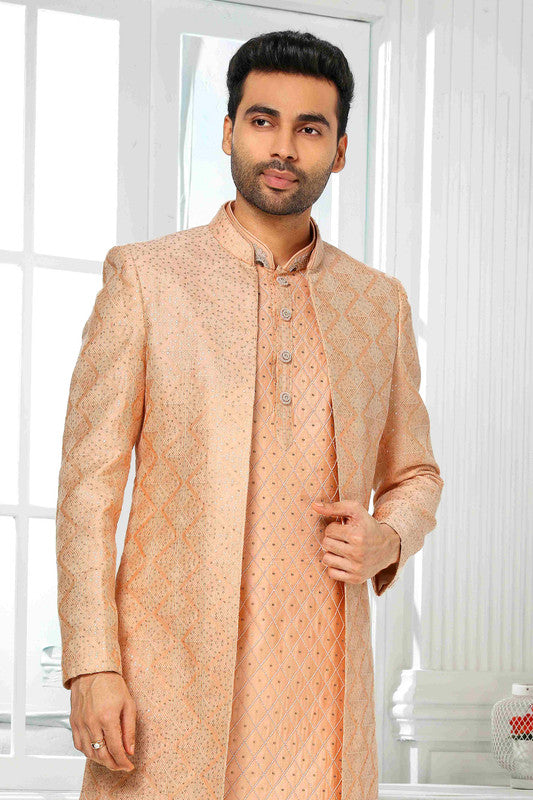 Men's Art Silk Embroidery Work 3 Pcs Indo Jacket Set In Peach Colour