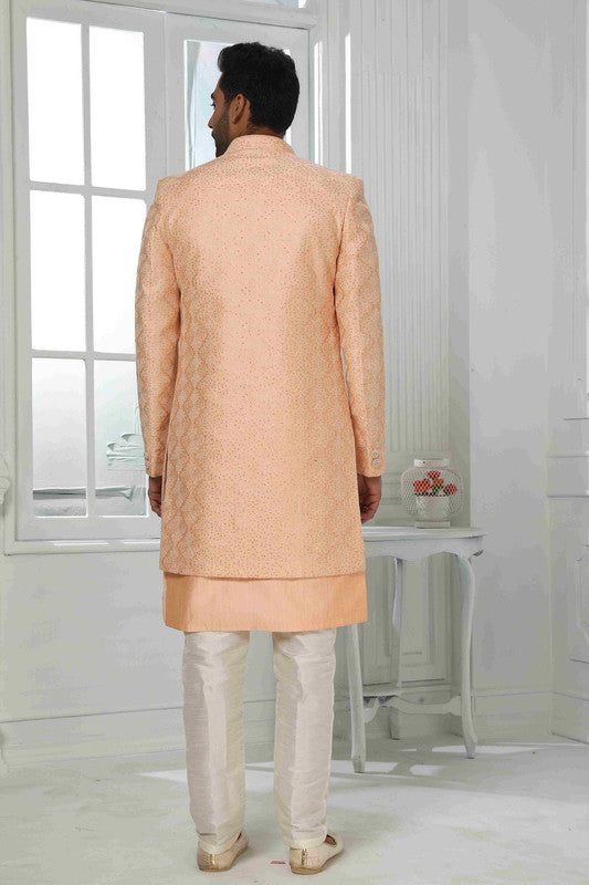 Men's Art Silk Embroidery Work 3 Pcs Indo Jacket Set In Peach Colour