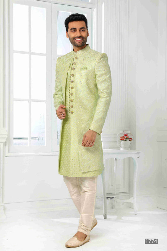 Men's Art Silk Embroidery Work 2 Pcs Indo Jacket Set In Pista Green Colour