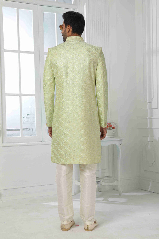 Men's Art Silk Embroidery Work 2 Pcs Indo Jacket Set In Pista Green Colour