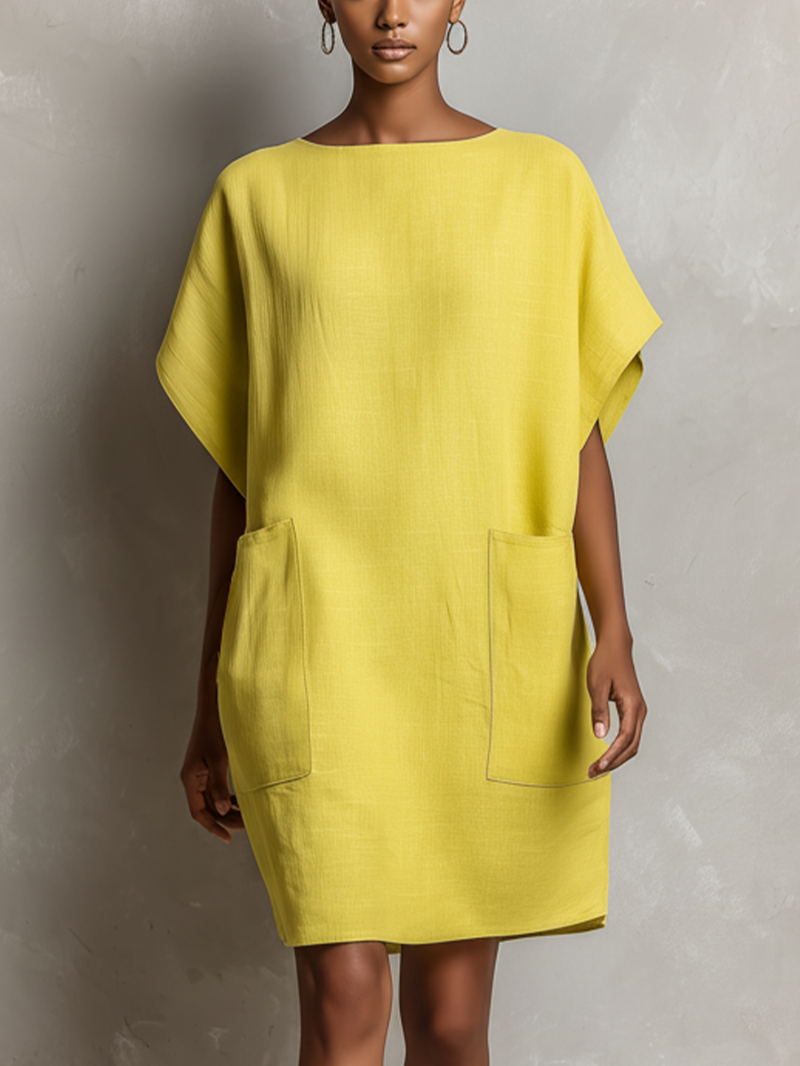 Women’s Lime Yellow Linen-Blend Batwing Sleeve Patch Pocket Shift Dress MDZ2671C3T