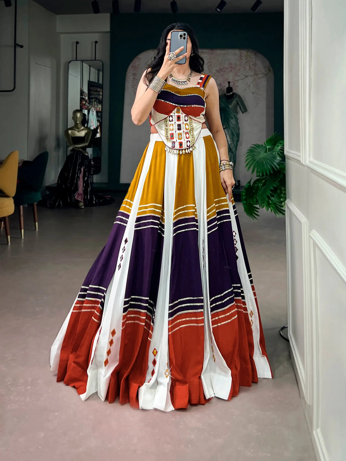 6 Meter Flair | Multicolor Rayon Chaniya Choli With Mirror & Gota Patti Work