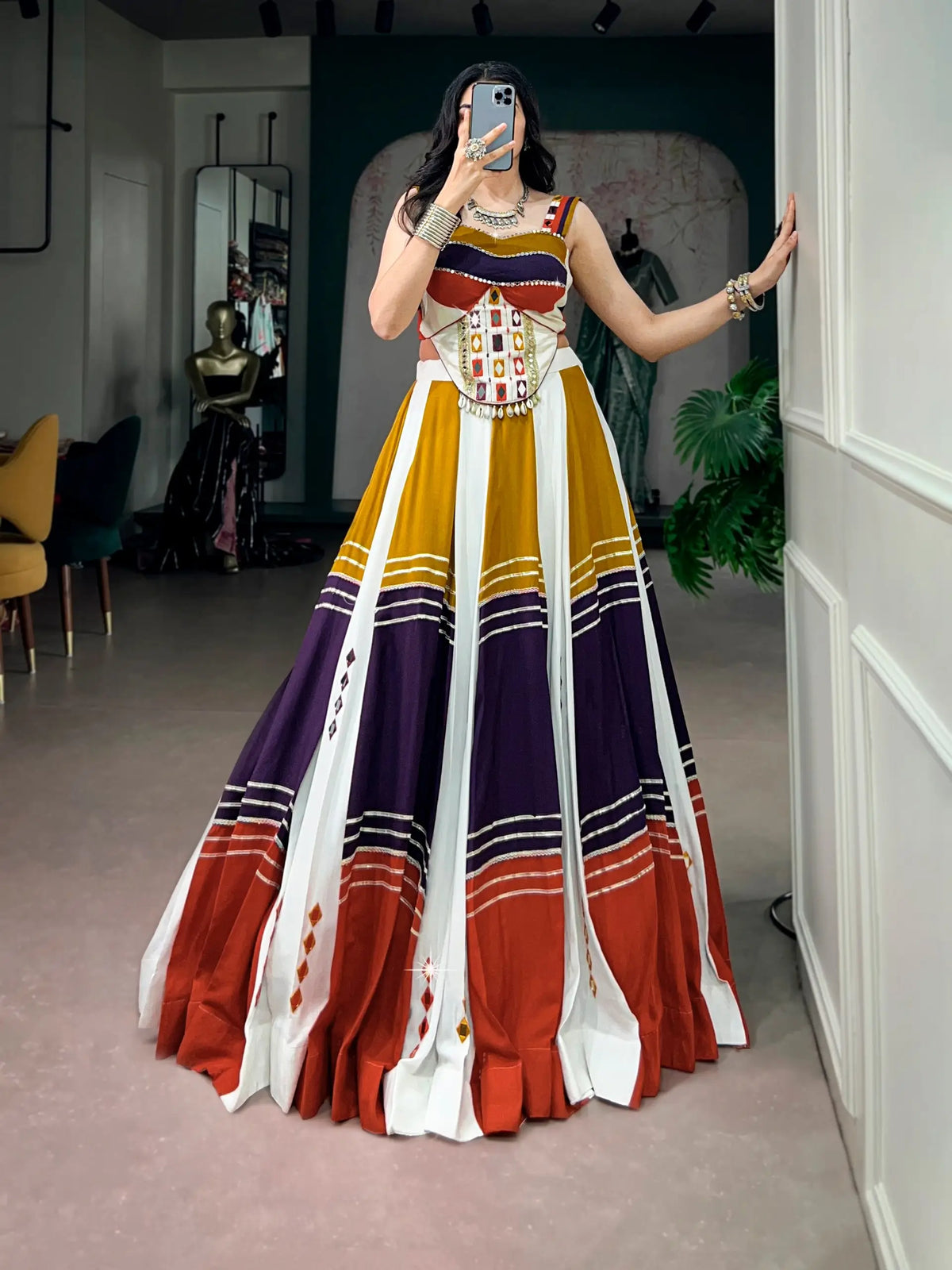 6 Meter Flair | Multicolor Rayon Chaniya Choli With Mirror & Gota Patti Work