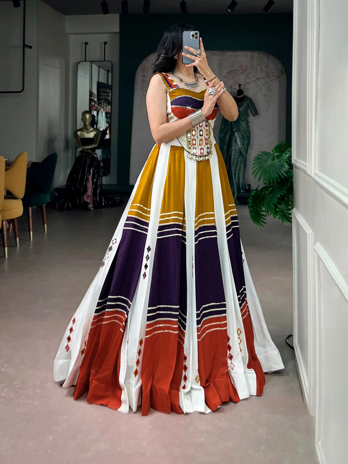 6 Meter Flair | Multicolor Rayon Chaniya Choli With Mirror & Gota Patti Work