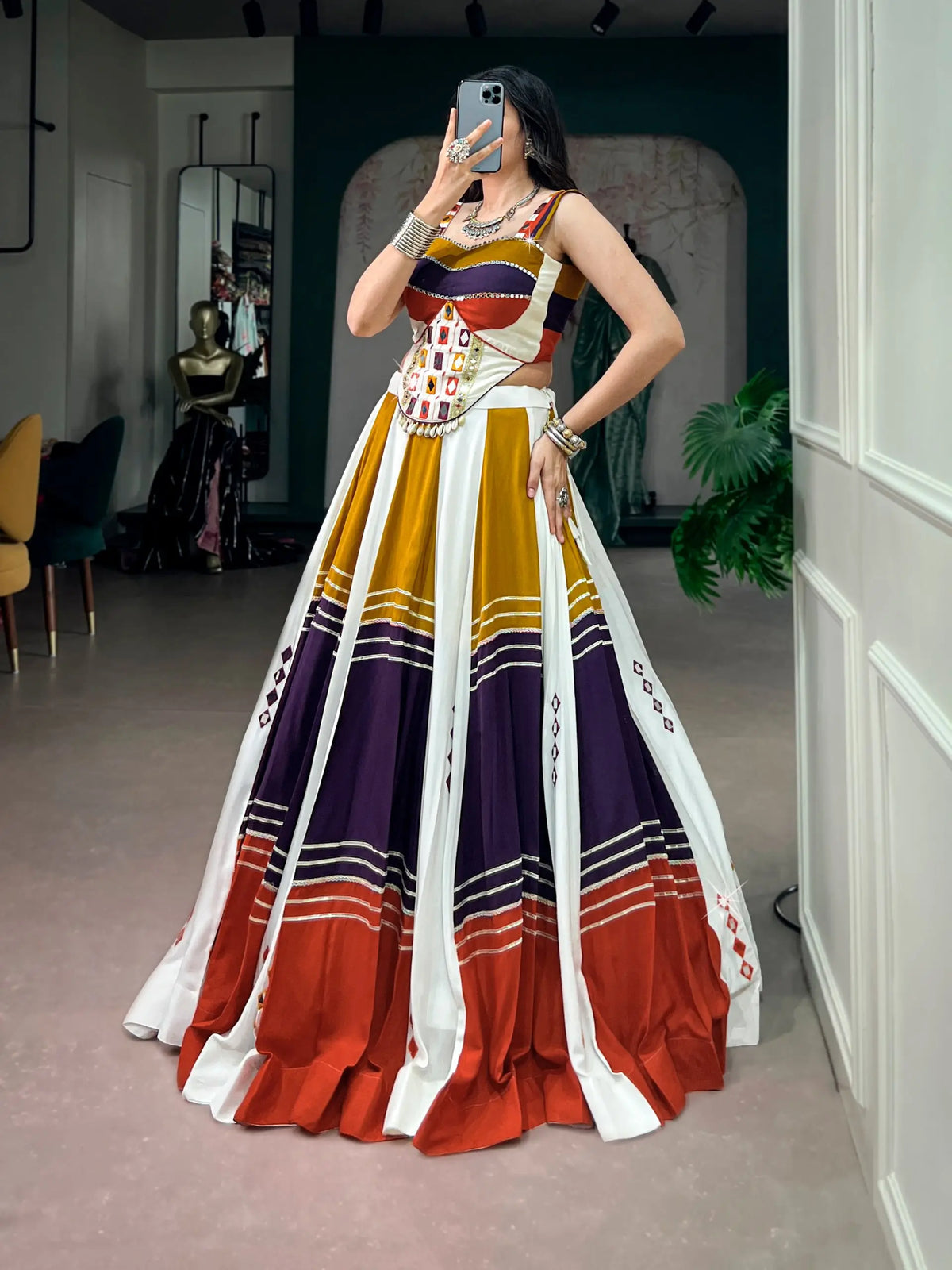 6 Meter Flair | Multicolor Rayon Chaniya Choli With Mirror & Gota Patti Work