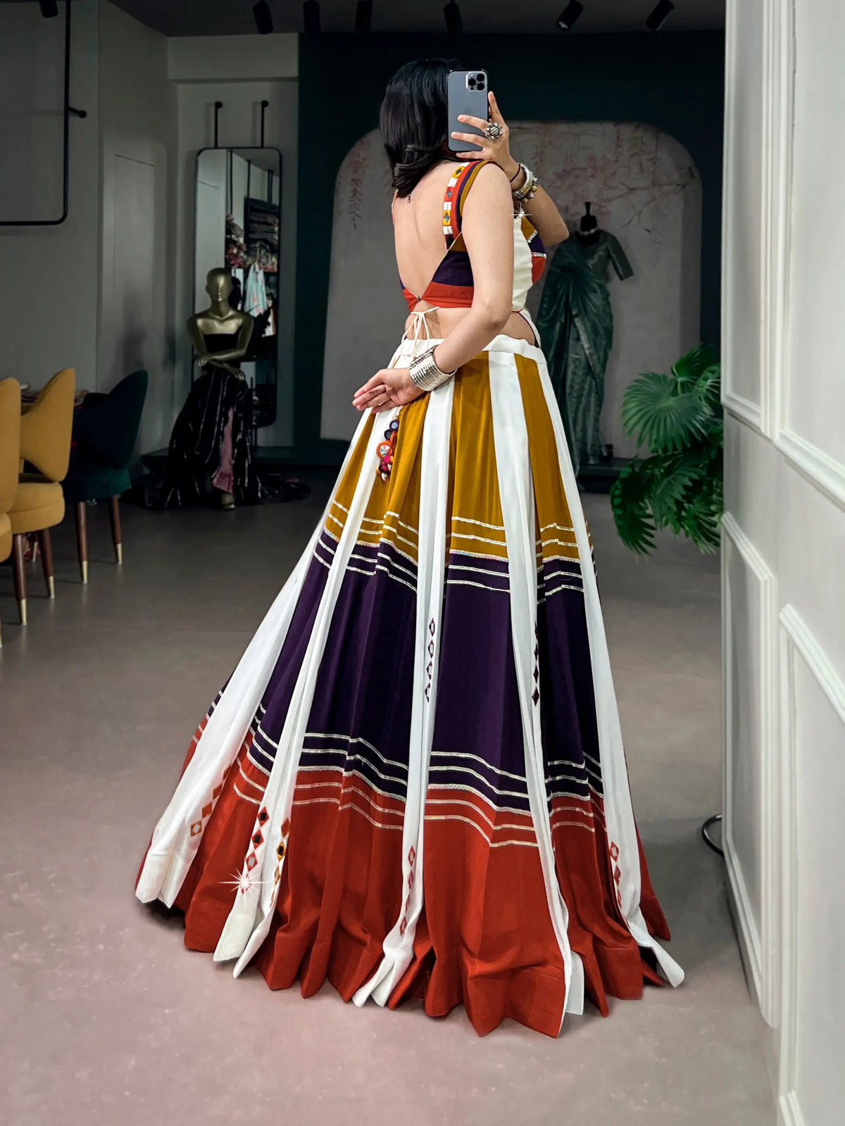 6 Meter Flair | Multicolor Rayon Chaniya Choli With Mirror & Gota Patti Work