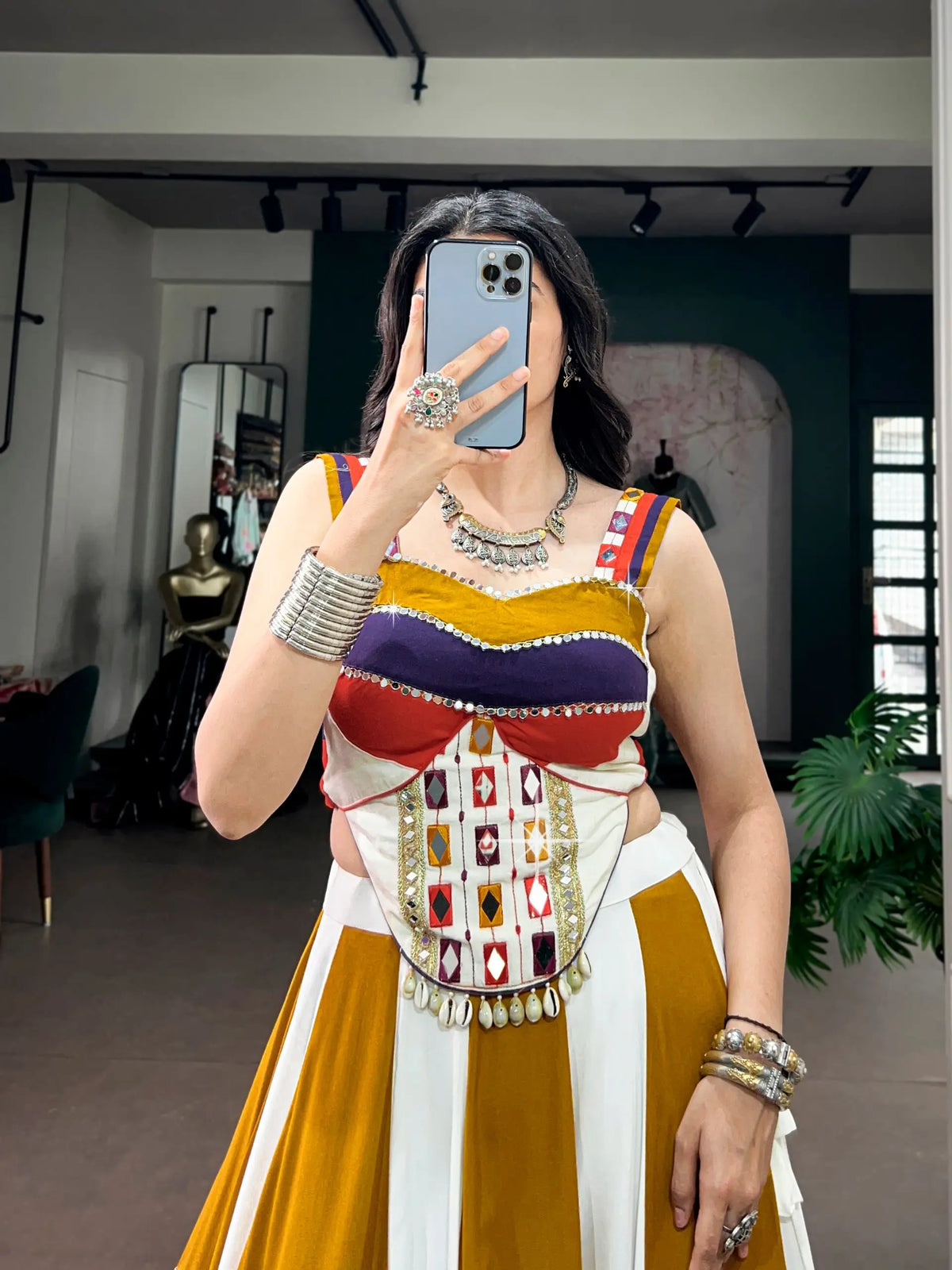 6 Meter Flair | Multicolor Rayon Chaniya Choli With Mirror & Gota Patti Work