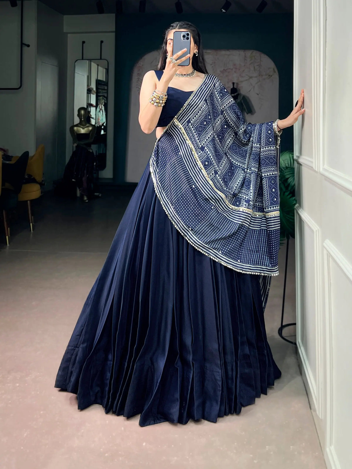 8 Meter Flair | Navy Blue Navratri Chaniya Choli With Printed Dupatta
