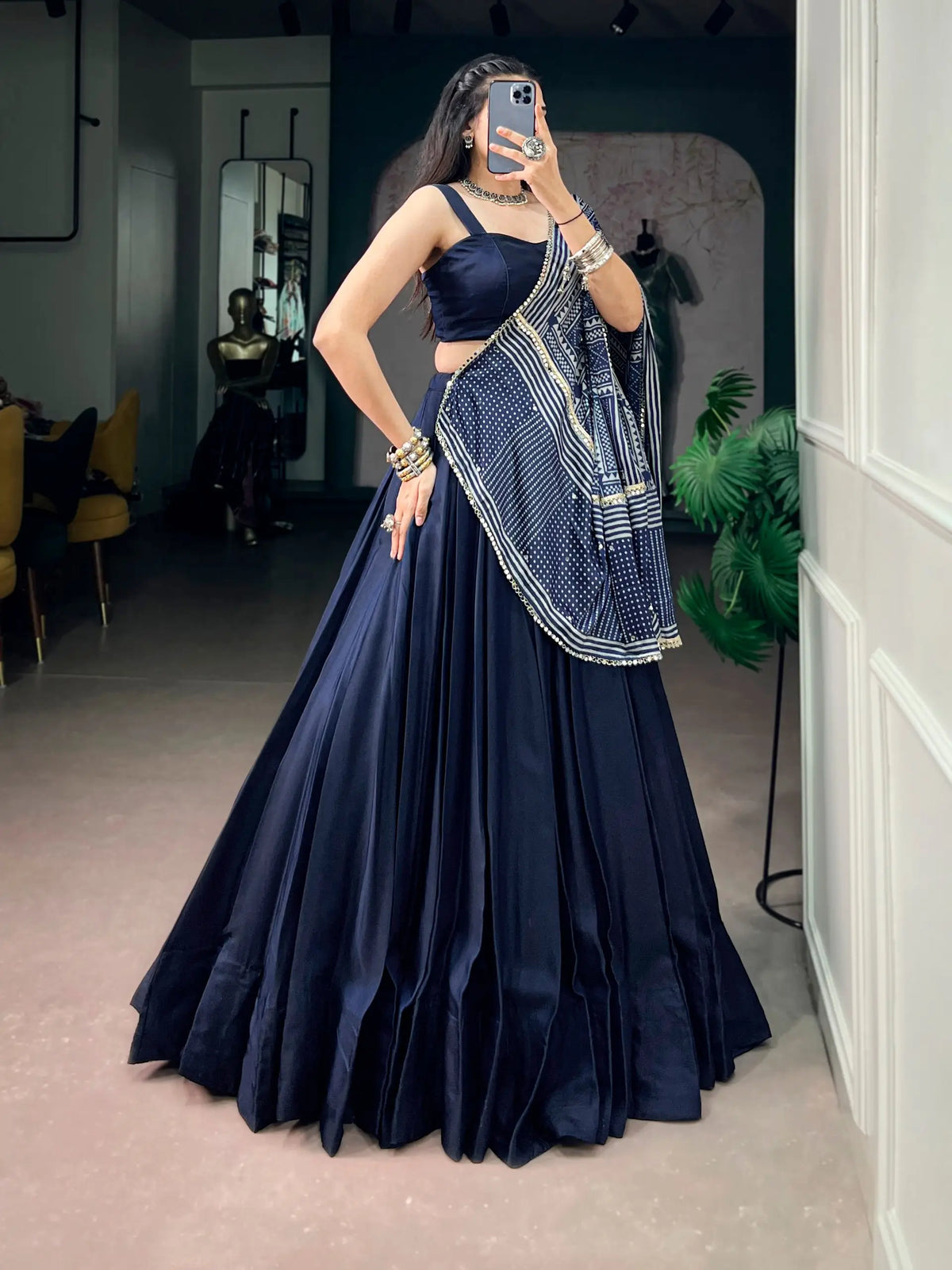 8 Meter Flair | Navy Blue Navratri Chaniya Choli With Printed Dupatta