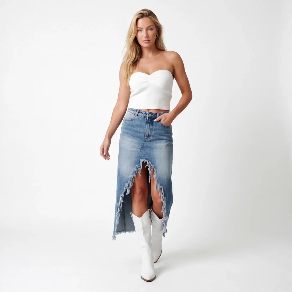 Elisha Raw-Hem Denim Skirt