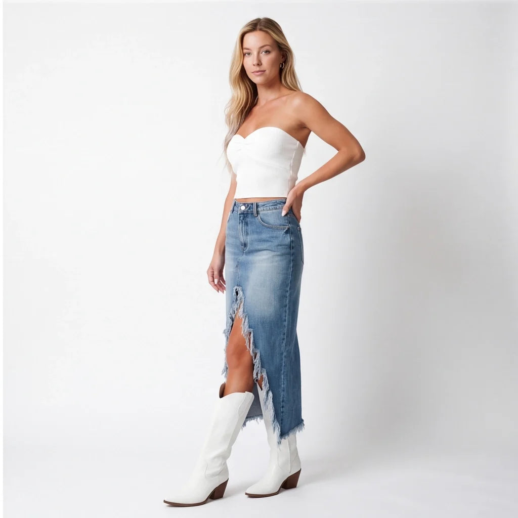 Elisha Raw-Hem Denim Skirt