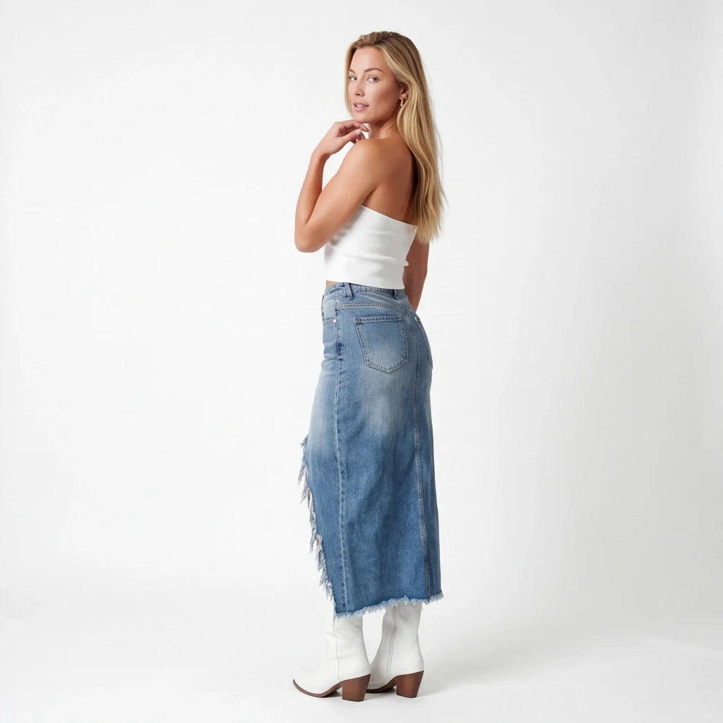 Elisha Raw-Hem Denim Skirt