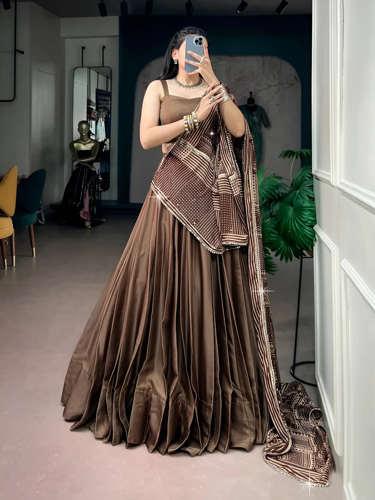 8 Meter Flair | Brown Navratri Chaniya Choli With Printed Dupatta