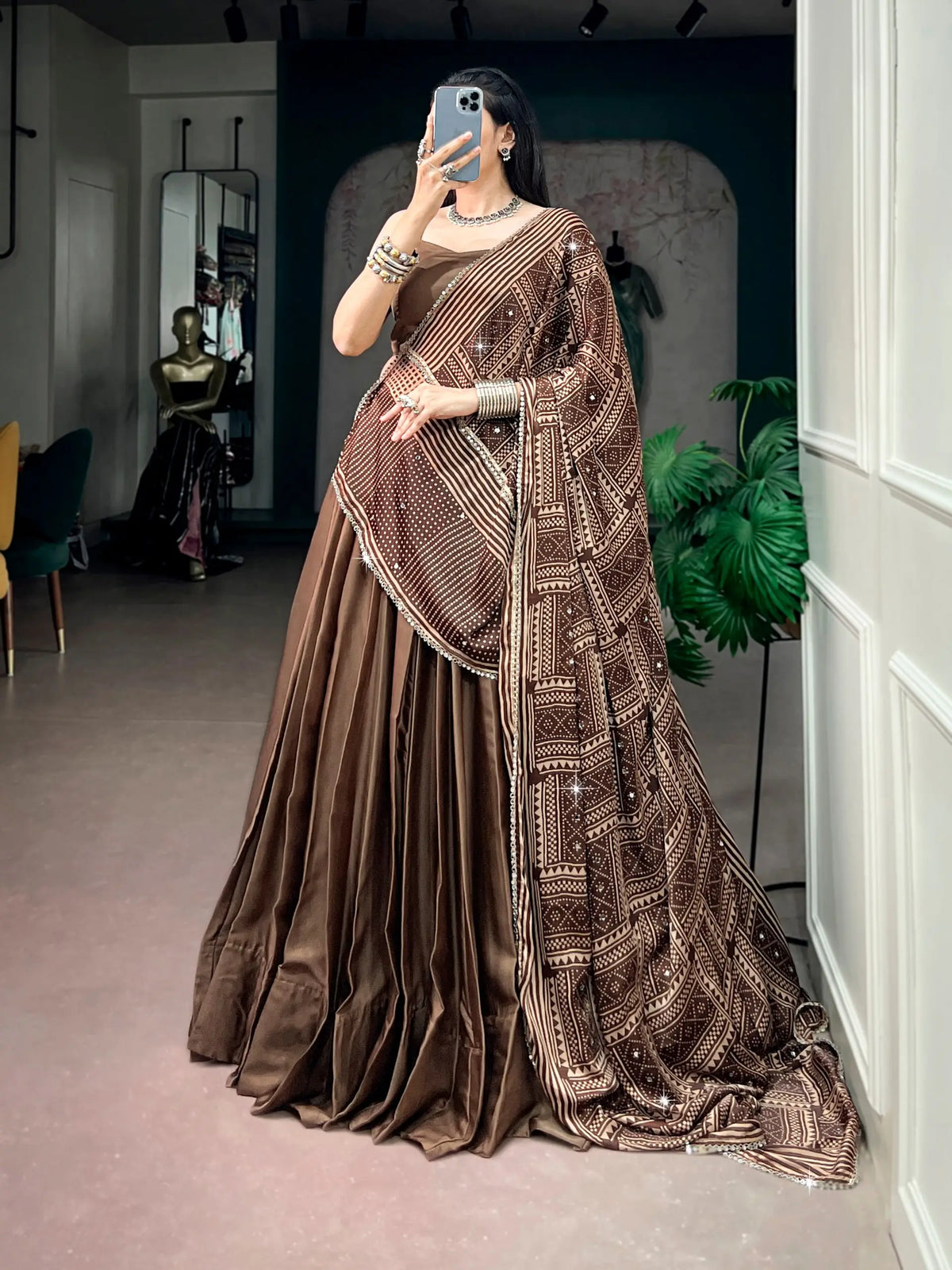 8 Meter Flair | Brown Navratri Chaniya Choli With Printed Dupatta