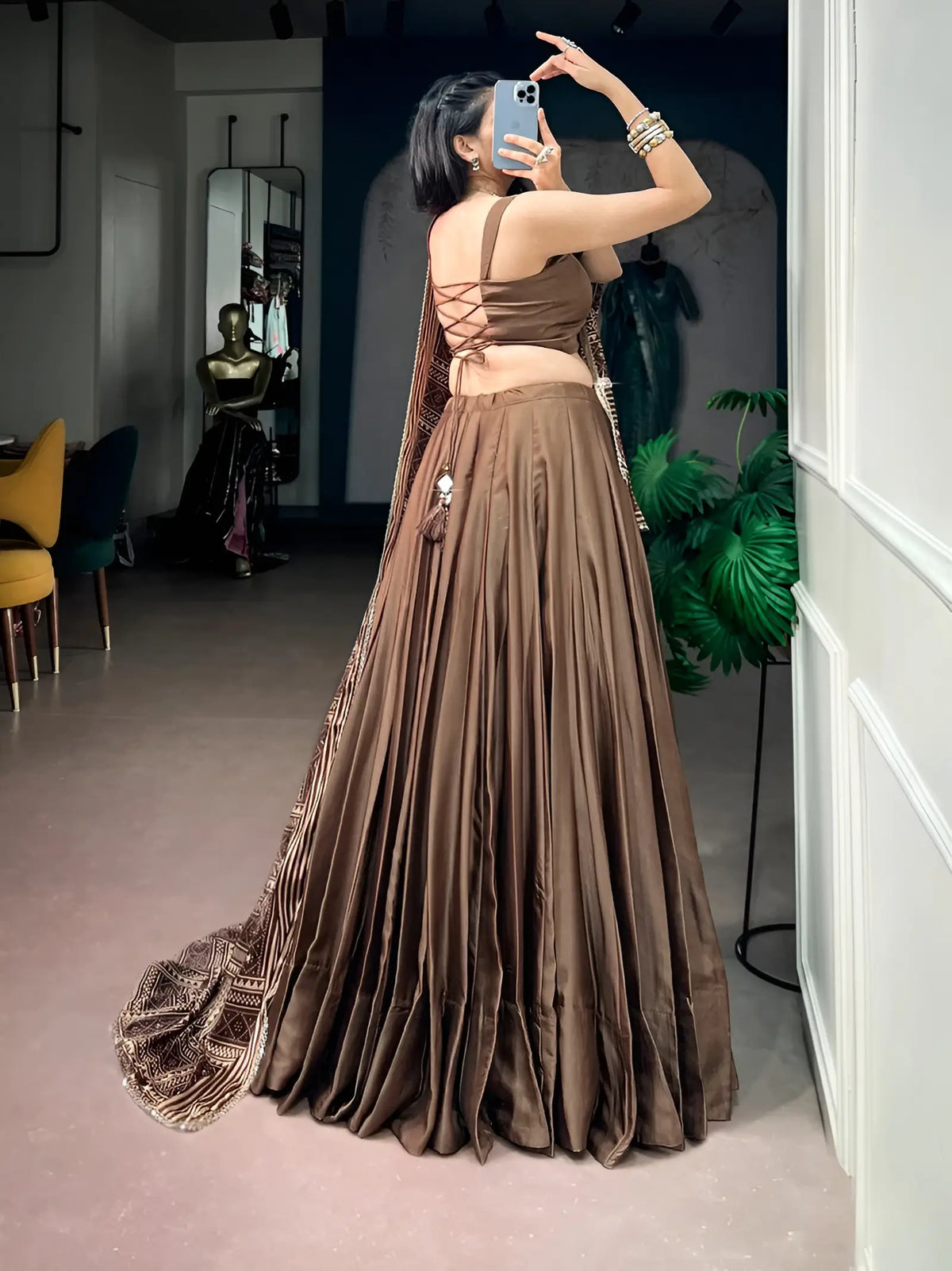 8 Meter Flair | Brown Navratri Chaniya Choli With Printed Dupatta