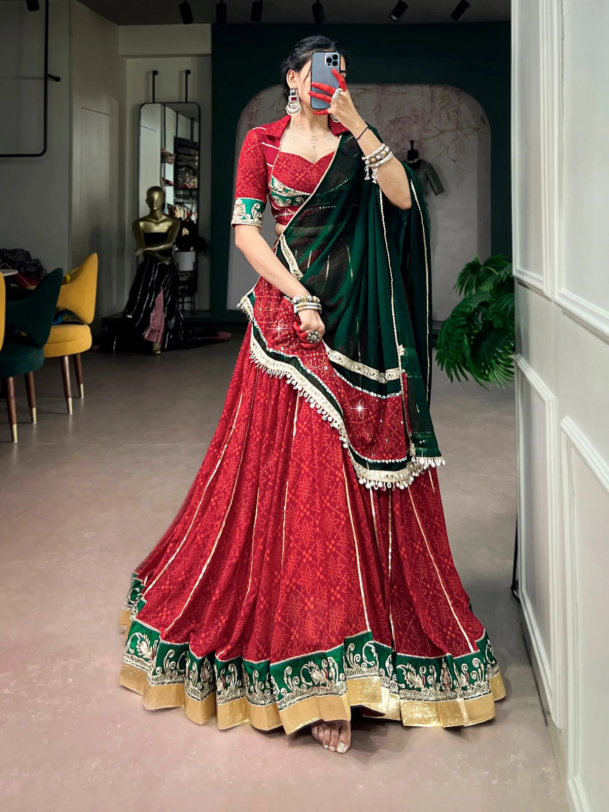 8 Meter Flair | Red Navratri Lehenga With Bandhej Foil Print