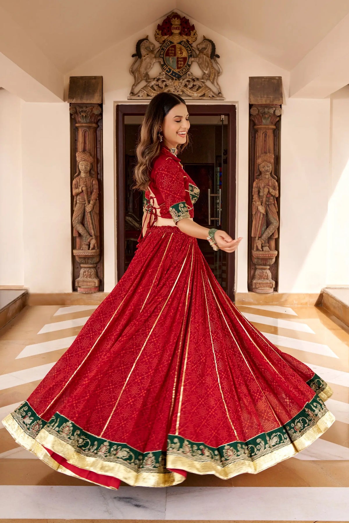 8 Meter Flair | Red Navratri Lehenga With Bandhej Foil Print