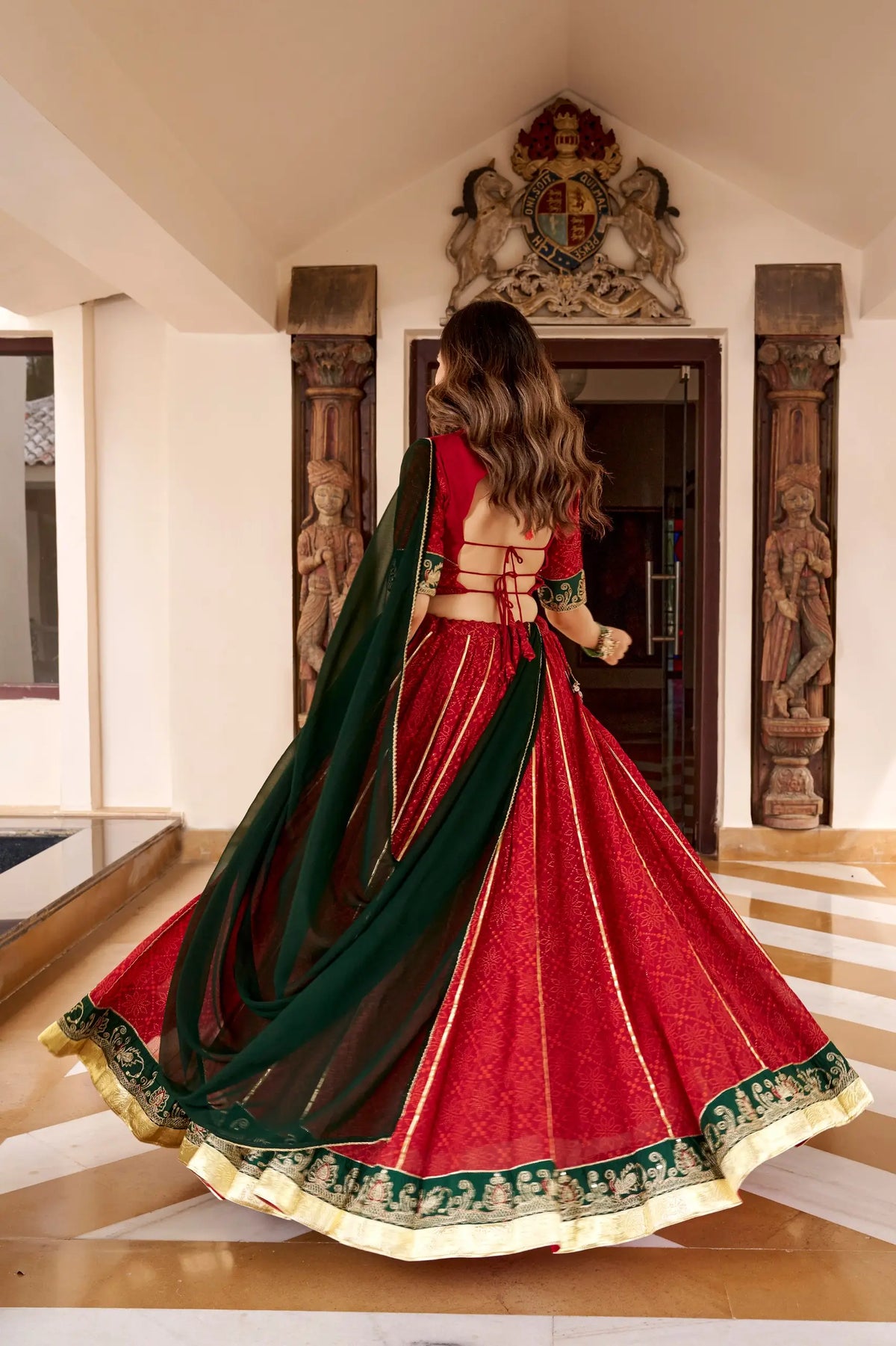 8 Meter Flair | Red Navratri Lehenga With Bandhej Foil Print