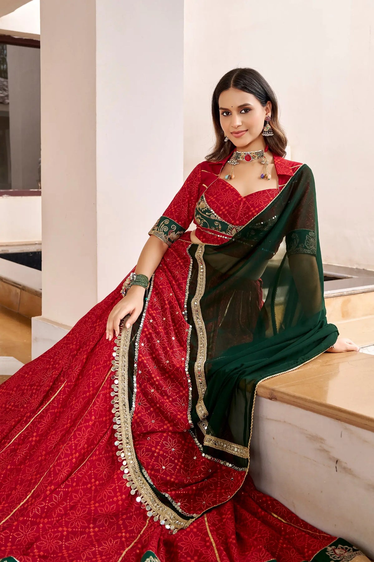 8 Meter Flair | Red Navratri Lehenga With Bandhej Foil Print