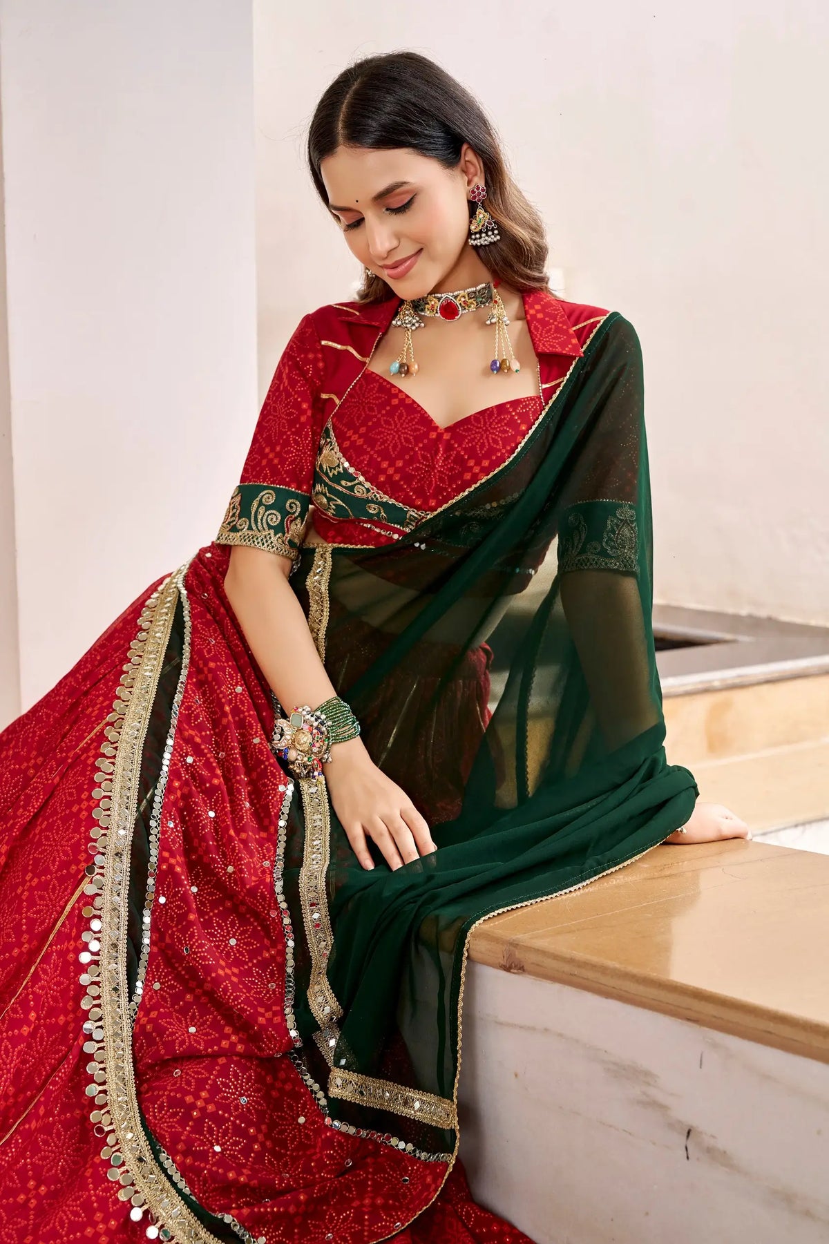 8 Meter Flair | Red Navratri Lehenga With Bandhej Foil Print