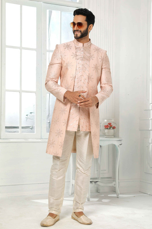 Men's Art Silk Embroidery Work 3 Pcs Indo Jacket Set In Light Pink Colour