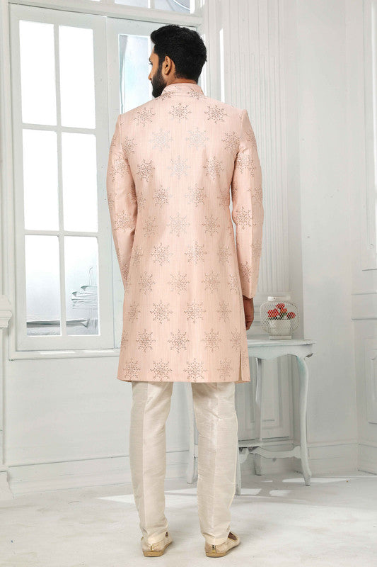 Men's Art Silk Embroidery Work 3 Pcs Indo Jacket Set In Light Pink Colour