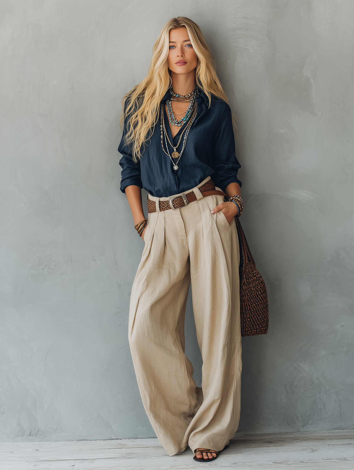 Women's Casual Khaki Cotton-Linen Trousers (Belt Not Included) MDZ2693E6LXY