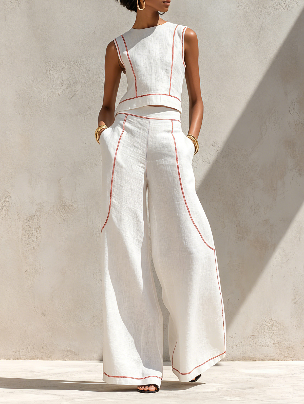 Women's Minimalist Linen-Blend Contrast-Stitched Blouse & Wide-Leg Pants Set MDZ1599E9Y