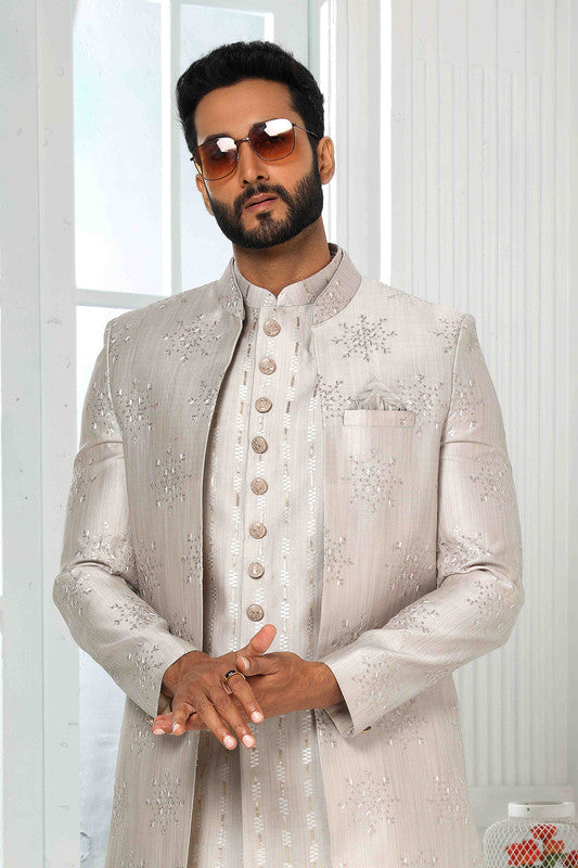 Men's Art Silk Embroidery Work 3 Pcs Indo Jacket Set In Light Grey Colour