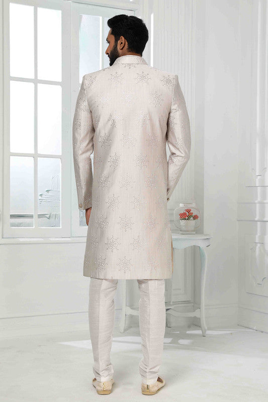 Men's Art Silk Embroidery Work 3 Pcs Indo Jacket Set In Light Grey Colour