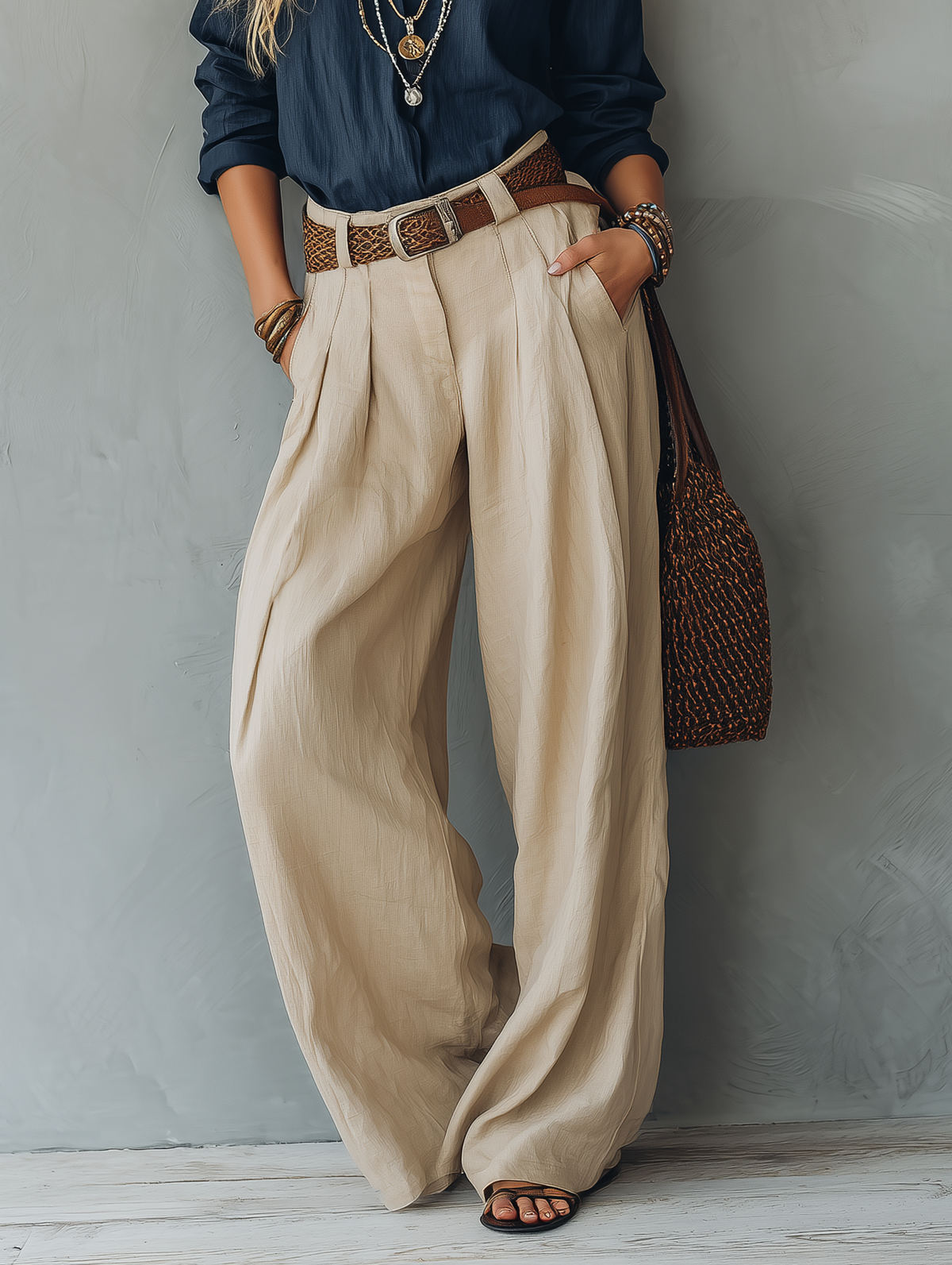 Women's Casual Khaki Cotton-Linen Trousers (Belt Not Included) MDZ2693E6LXY