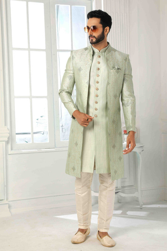 Men's Art Silk Embroidery Work 3 Pcs Indo Jacket Set In Pista Green Colour