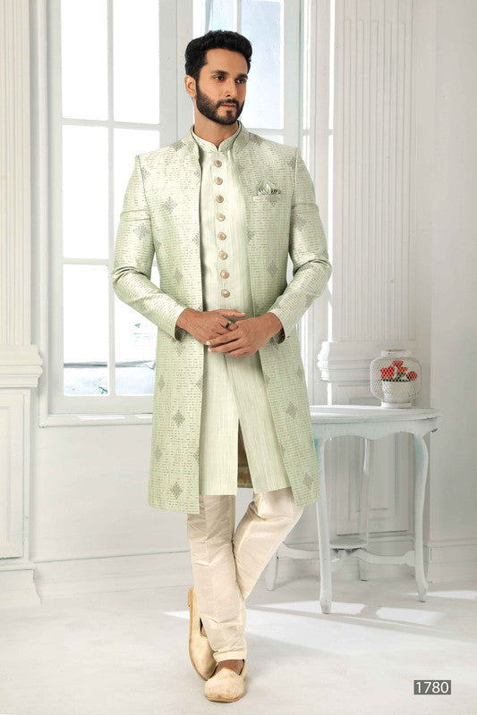 Men's Art Silk Embroidery Work 3 Pcs Indo Jacket Set In Pista Green Colour