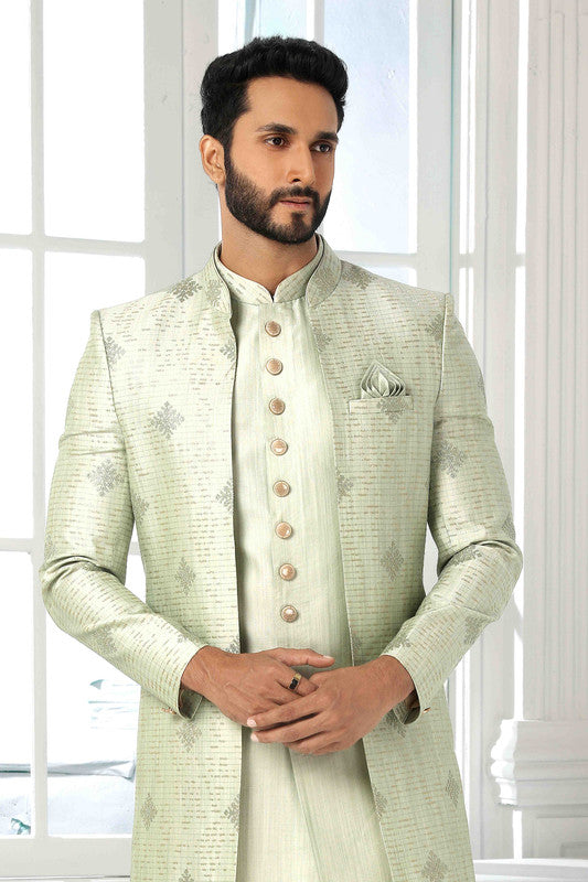 Men's Art Silk Embroidery Work 3 Pcs Indo Jacket Set In Pista Green Colour