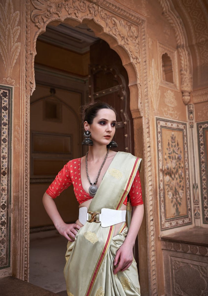 Beige Woven Satin Silk Saree With Contrast Brocade Blouse