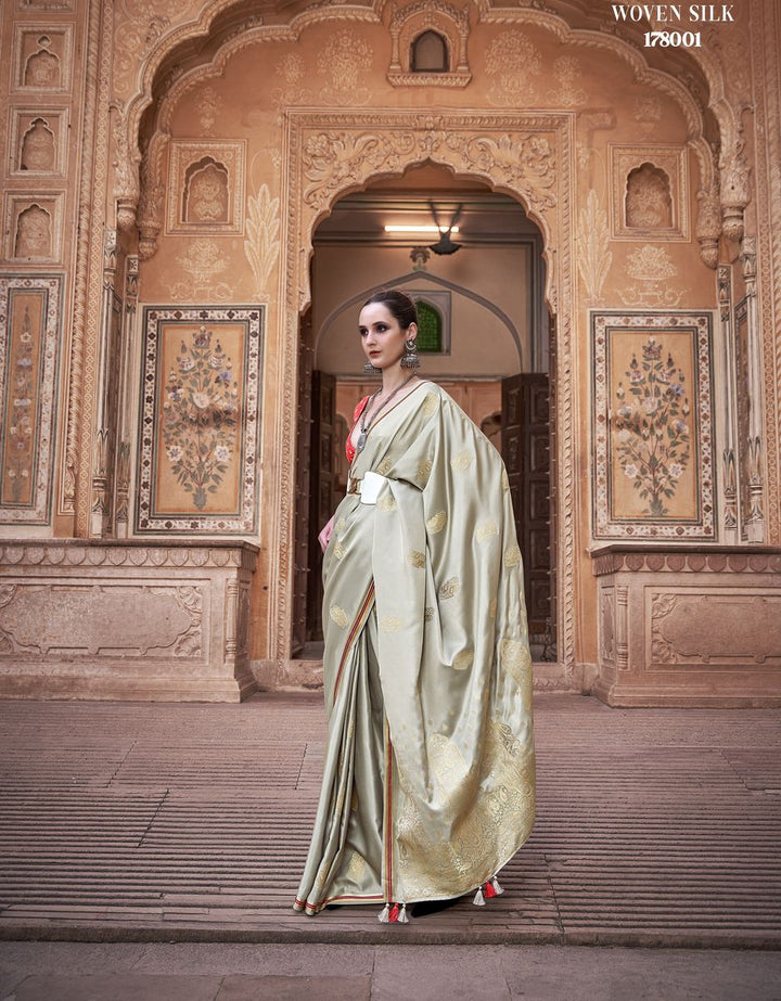 Beige Woven Satin Silk Saree With Contrast Brocade Blouse