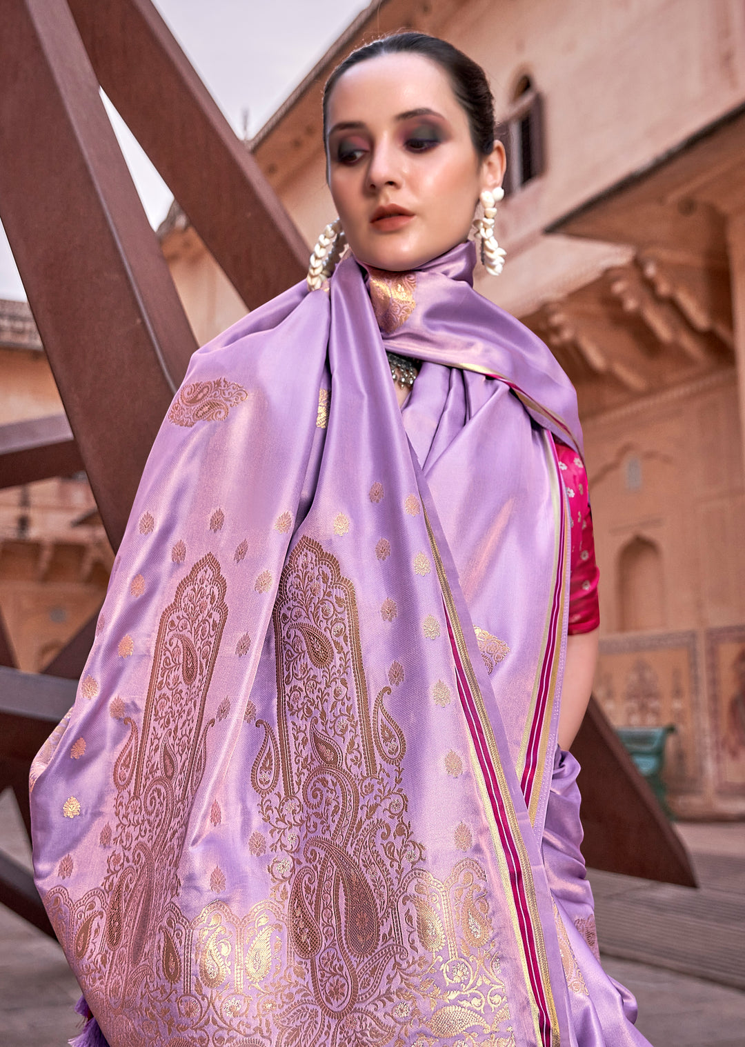 Lavender Woven Satin Silk Saree With Contrast Brocade Blouse