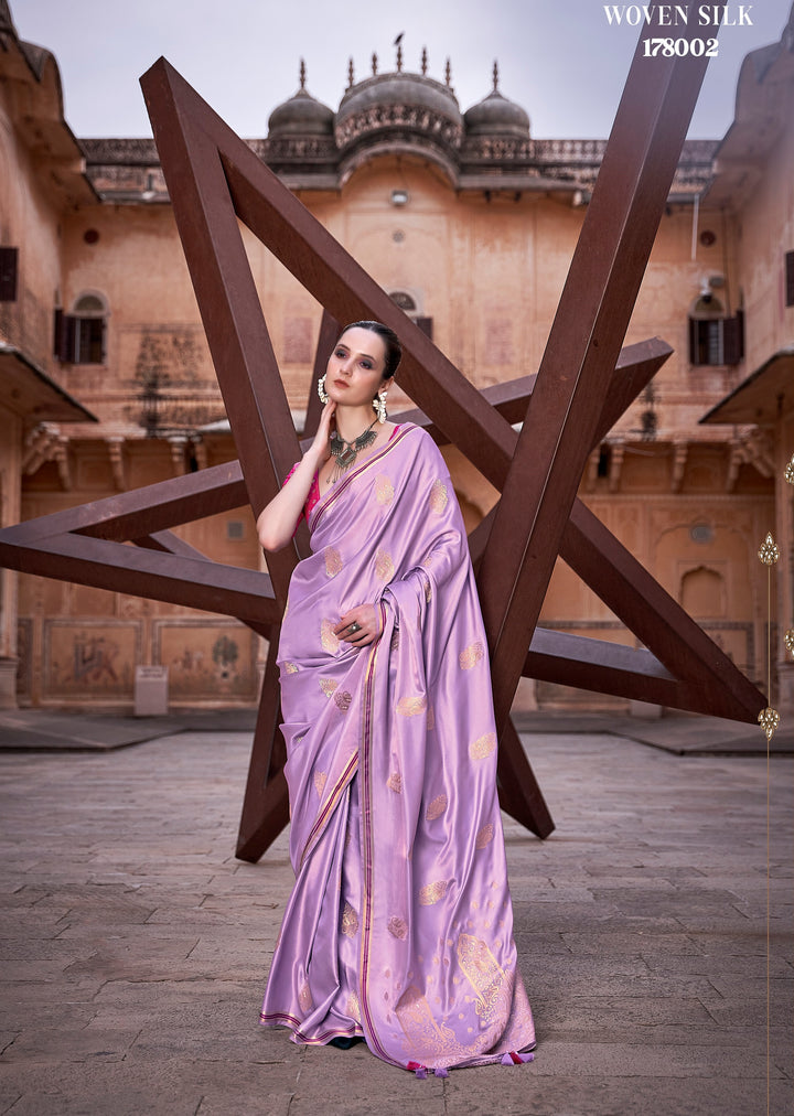 Lavender Woven Satin Silk Saree With Contrast Brocade Blouse