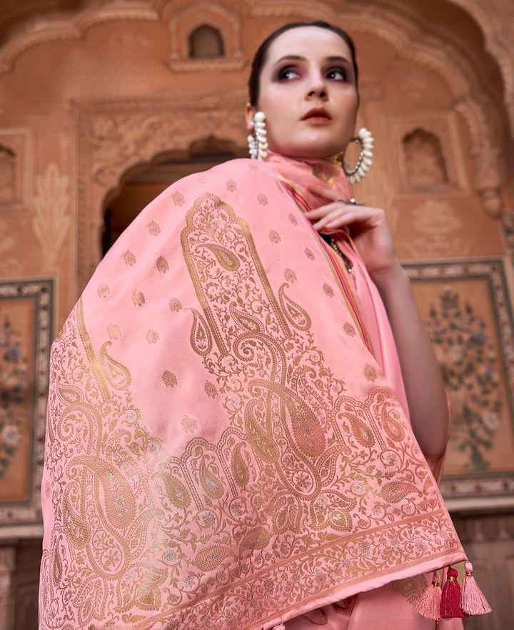 Sand Pink Woven Satin Silk Saree With Contrast Brocade Blouse