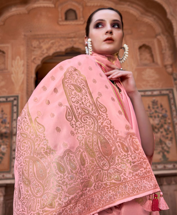 Sand Pink Woven Satin Silk Saree With Contrast Brocade Blouse