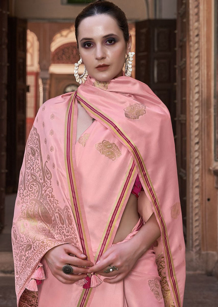 Sand Pink Woven Satin Silk Saree With Contrast Brocade Blouse