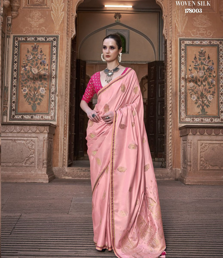 Sand Pink Woven Satin Silk Saree With Contrast Brocade Blouse