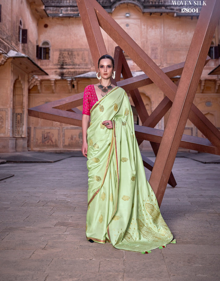 Pista Green Woven Satin Silk Saree With Contrast Brocade Blouse