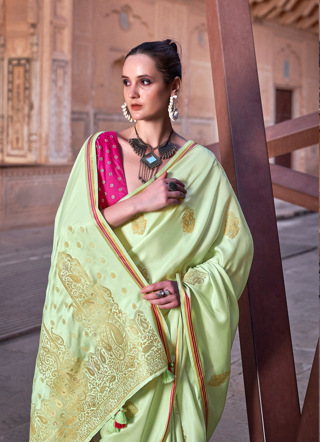 Pista Green Woven Satin Silk Saree With Contrast Brocade Blouse