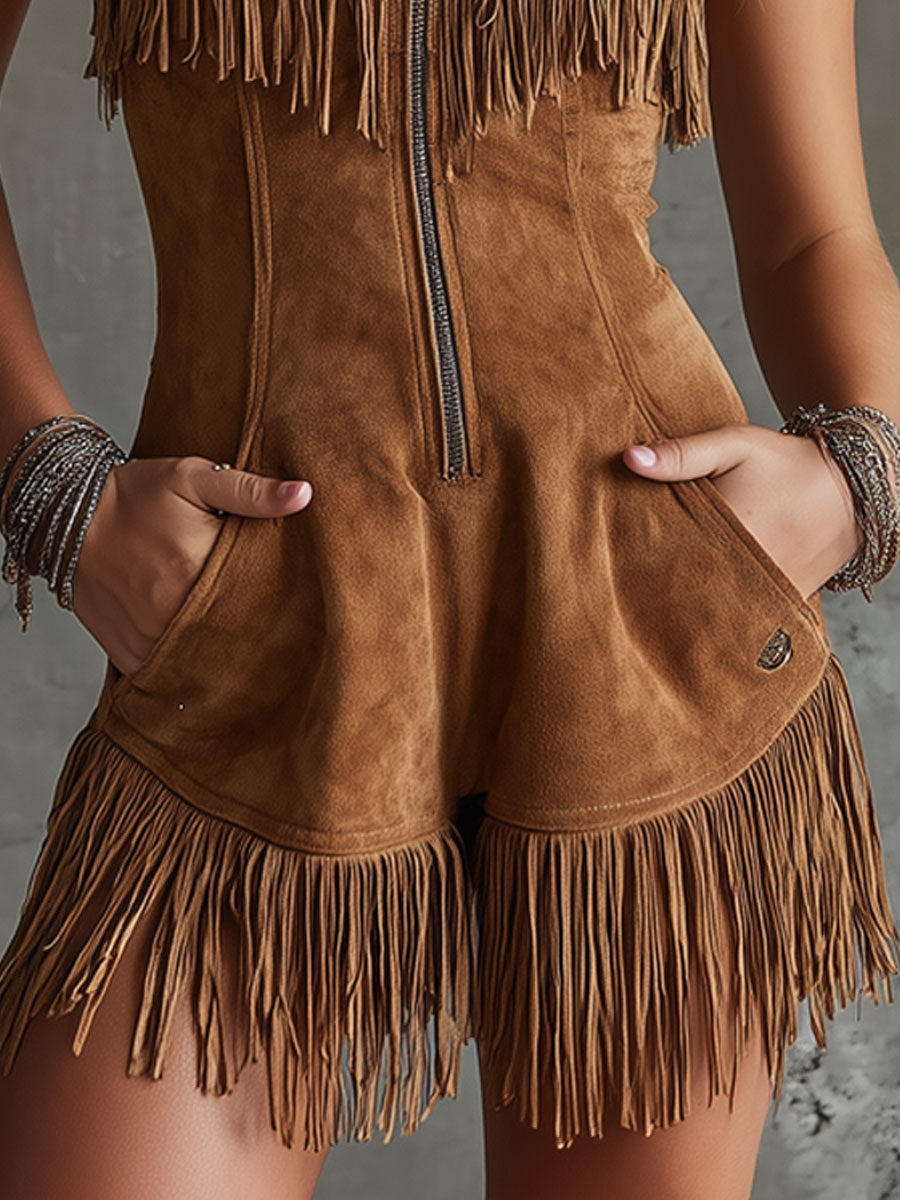 Western Retro Brown Faux Suede Sleeveless Fringe Shorts Jumpsuit