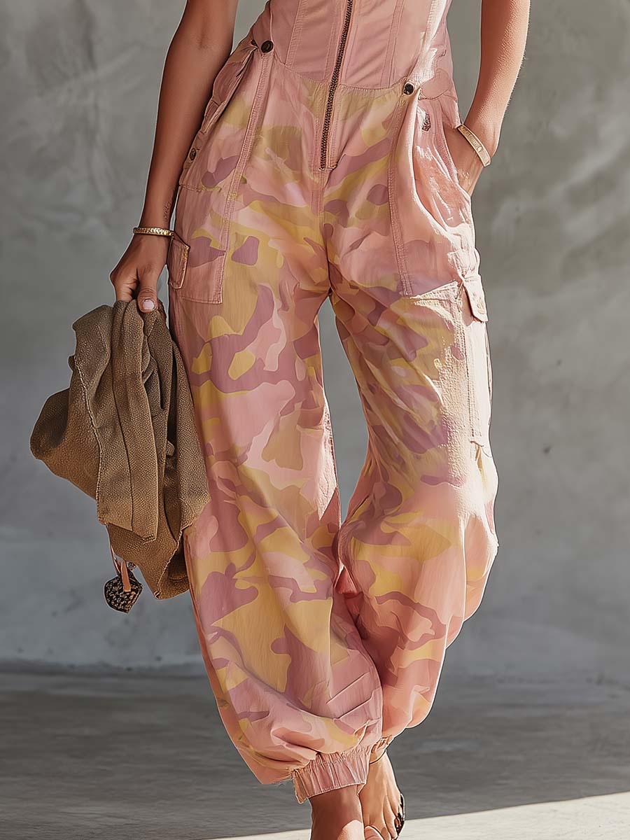 Women's Pink Camouflage Utility Cargo Jumpsuit