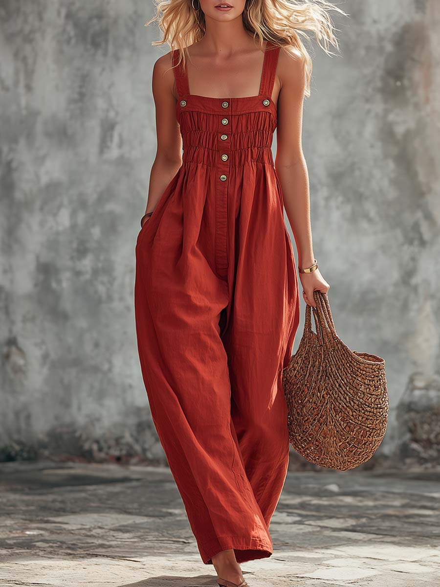 Retro Casual Square-Neck Front-Buttoned Terracotta Red Cotton Jumpsuit