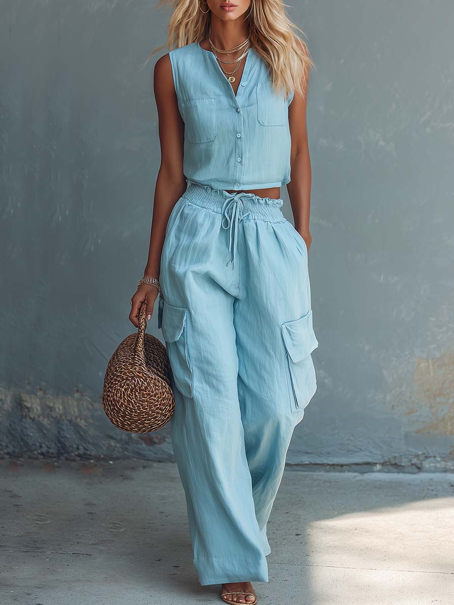 Casual Fashion Light Blue Cotton-Linen Crew-Neck Top And Wide-Leg Pants Set