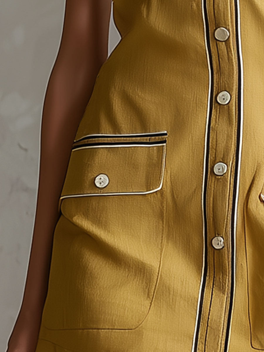 Casual Retro Color-blocked Ribbon Yellow Sleeveless Collared Cotton And Linen Mini Dress